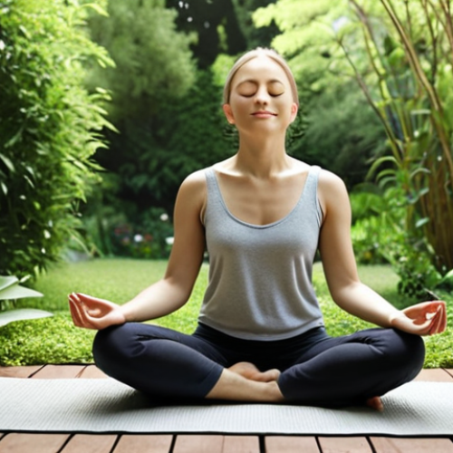 **A serene individual meditating outdoors in a peaceful garden. Focus on mindfulness, eyes closed, a gentle smile. Background shows lush greenery, flowers, and soft, natural light. The overall feeling should be calm and tranquil.**