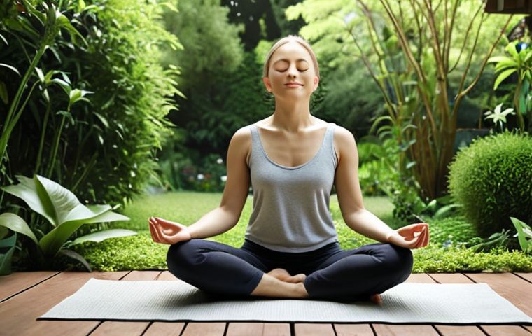 **A serene individual meditating outdoors in a peaceful garden. Focus on mindfulness, eyes closed, a gentle smile. Background shows lush greenery, flowers, and soft, natural light. The overall feeling should be calm and tranquil.**