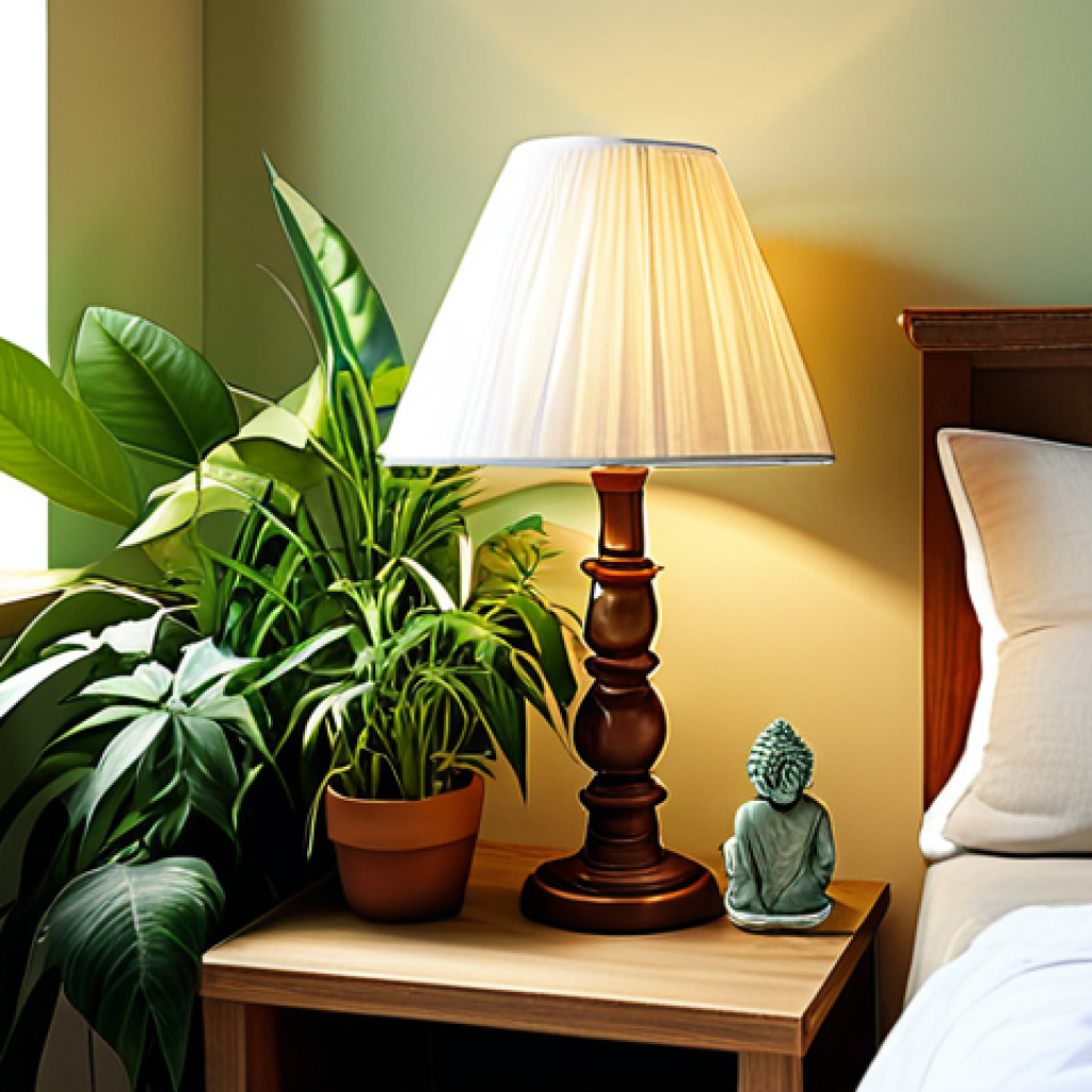 **A serene, sunlit bedroom corner decorated with lush green plants and a soft, glowing bedside lamp, creating a calming space for daily meditation.**
