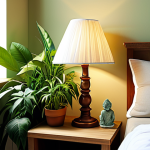**A serene, sunlit bedroom corner decorated with lush green plants and a soft, glowing bedside lamp, creating a calming space for daily meditation.**