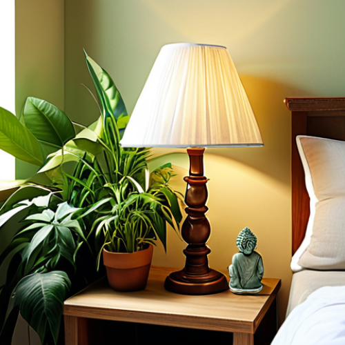**A serene, sunlit bedroom corner decorated with lush green plants and a soft, glowing bedside lamp, creating a calming space for daily meditation.**