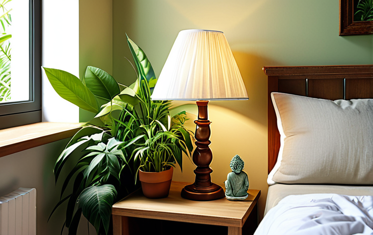 **A serene, sunlit bedroom corner decorated with lush green plants and a soft, glowing bedside lamp, creating a calming space for daily meditation.**